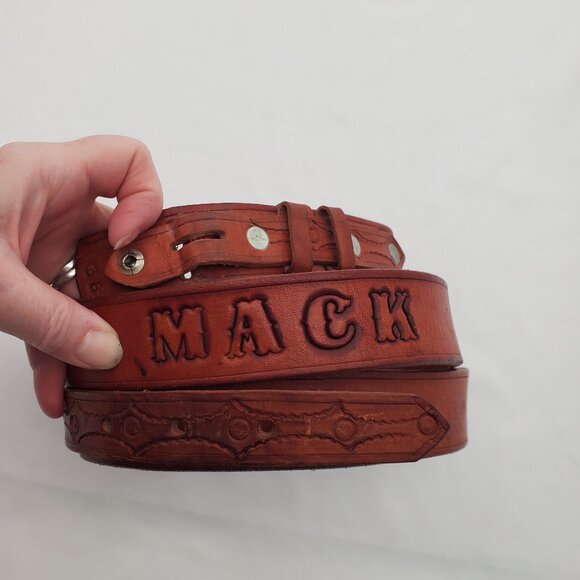 Vintage 1950's Tooled Leather Belt with "MACK" Engraving - size 38 - Picture 1 of 7